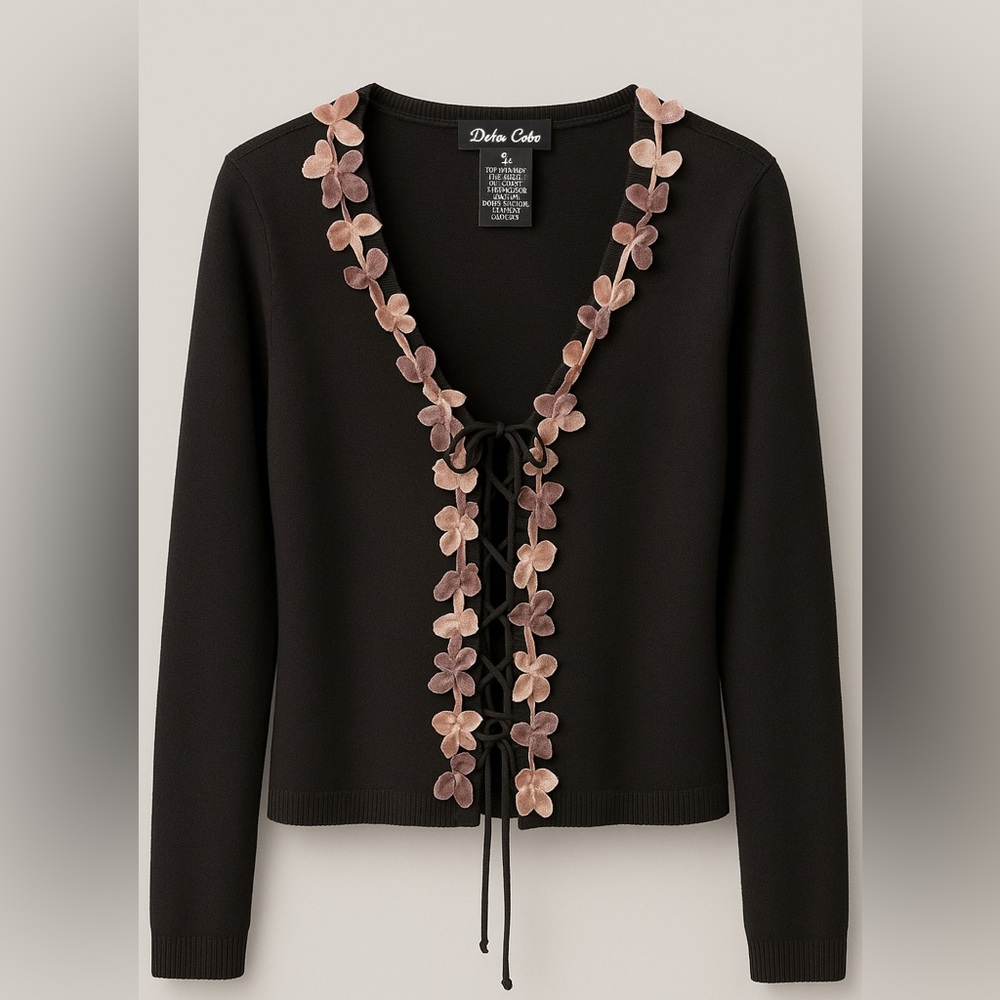 Dolce Cabo Floral Velvet Trim Cardigan Brown Tie Front Knit Sweater – Size XL